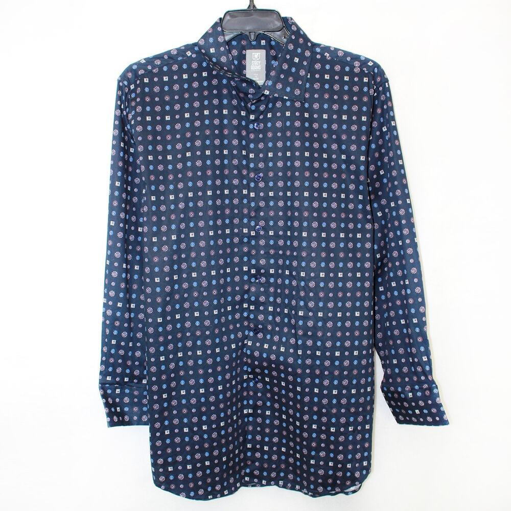 Stacy Adams collared button down floral print navy shirt 17 1/2 XL